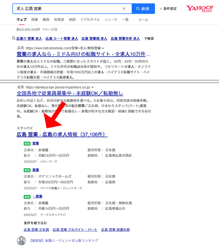 Yahoo検索結果におけるスタンバイの表示例
